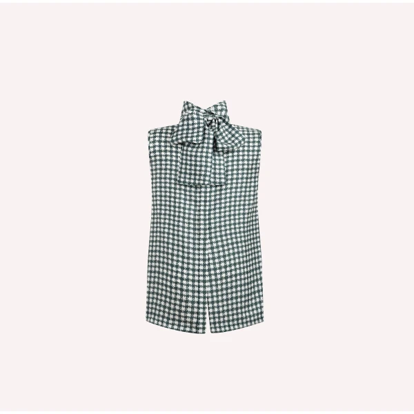 Dice Kayek Green Houndstooth Sleeveless High-Neck Silk Shirt | Sleeveless | Coveti