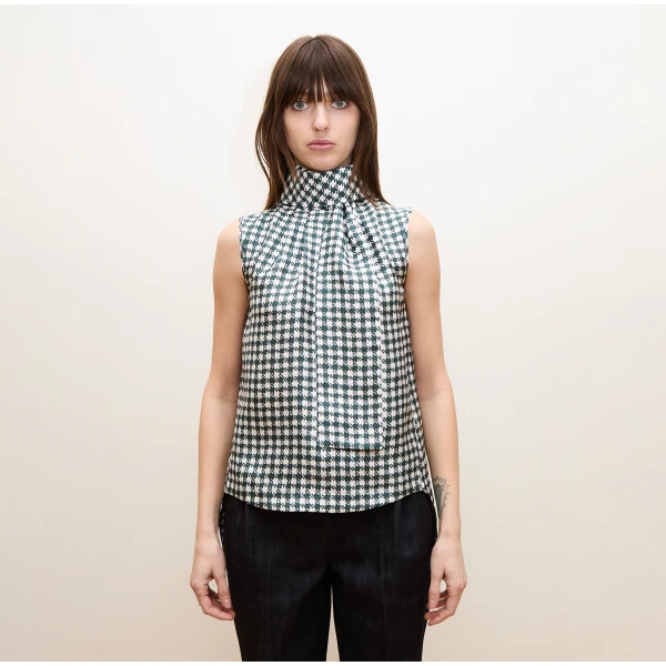 Dice Kayek Green Houndstooth Sleeveless High-Neck Silk Shirt | Sleeveless | Coveti