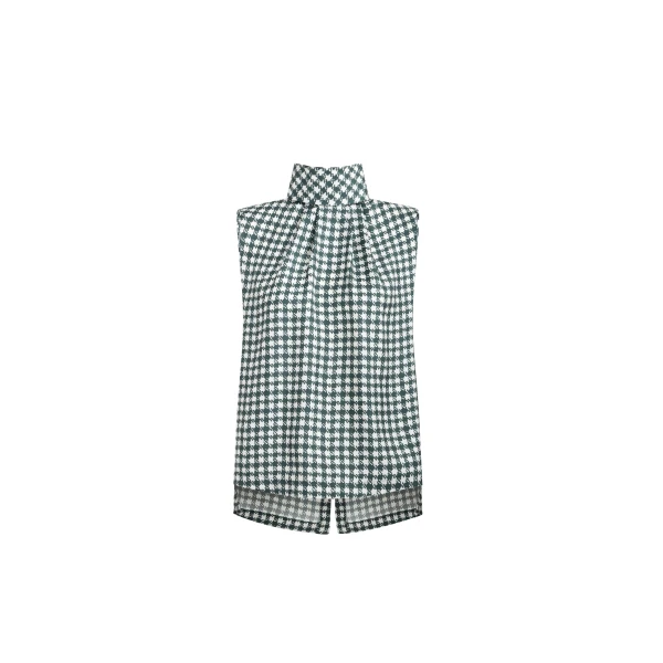 Dice Kayek Green Houndstooth Sleeveless High-Neck Silk Shirt | Sleeveless | Coveti