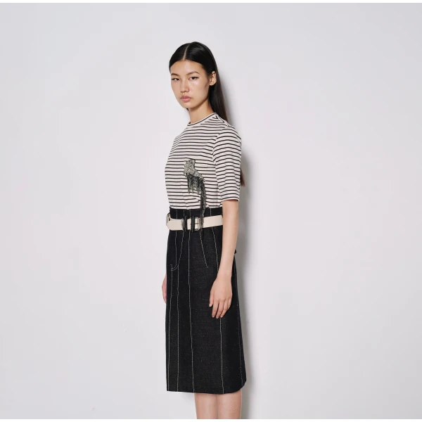 Dice Kayek Midi Pencil Skirt with Contrast Stitching in Indigo | Pencil Skirts | Coveti