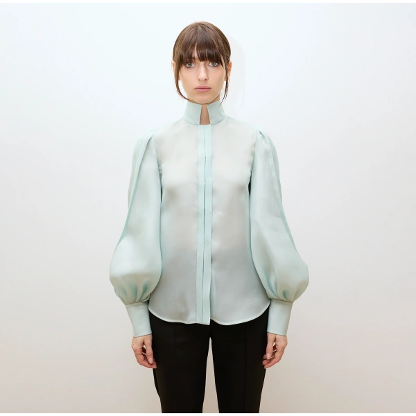 Dice Kayek Mint Green Sculptural Balloon Sleeve Blouse | Blouse | Coveti