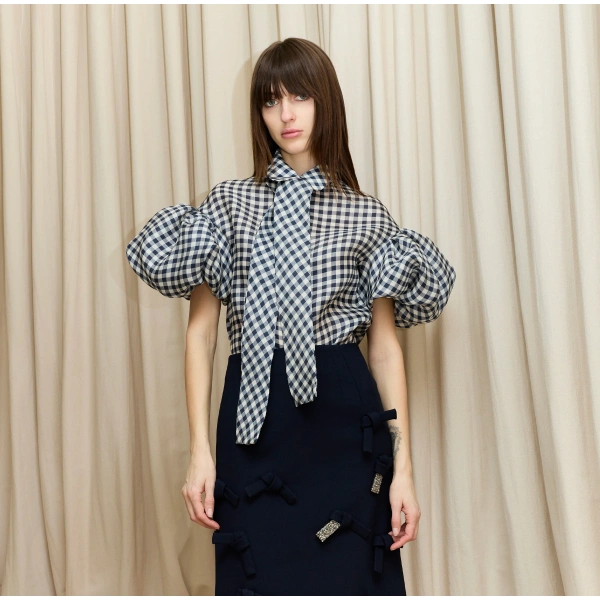 Dice Kayek Navy Gingham Bow-Tie Blouse | Blouse | Coveti