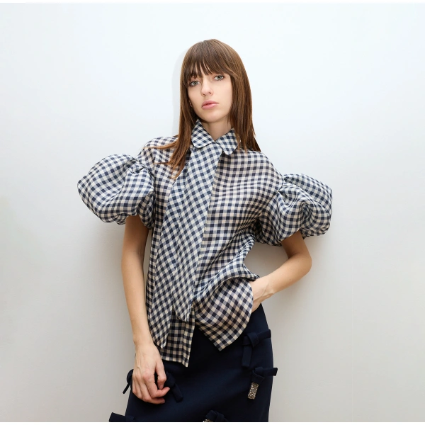 Dice Kayek Navy Gingham Bow-Tie Blouse | Blouse | Coveti