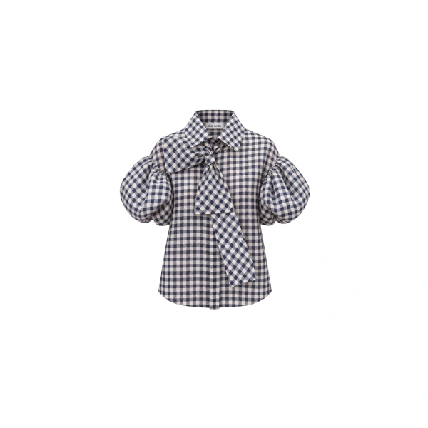 Navy Gingham Bow-Tie Blouse