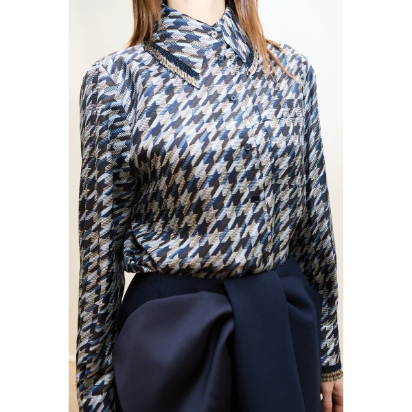 Dice Kayek Navy Houndstooth Silk Shirt with Tassel Collar | Shirts | Coveti