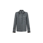 Dice Kayek Navy Houndstooth Silk Shirt with Tassel Collar | Shirts | Coveti