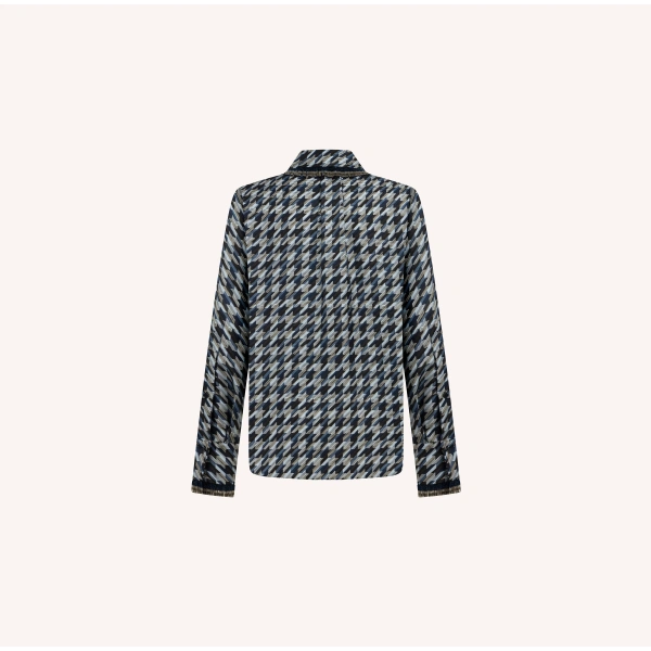 Dice Kayek Navy Houndstooth Silk Shirt with Tassel Collar | Shirts | Coveti
