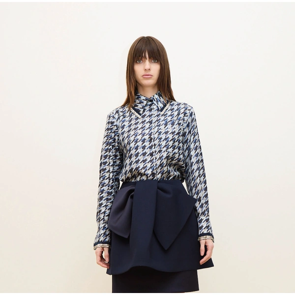 Dice Kayek Navy Houndstooth Silk Shirt with Tassel Collar | Shirts | Coveti