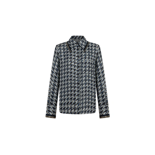 Navy Houndstooth Silk Shirt with Tassel Collar