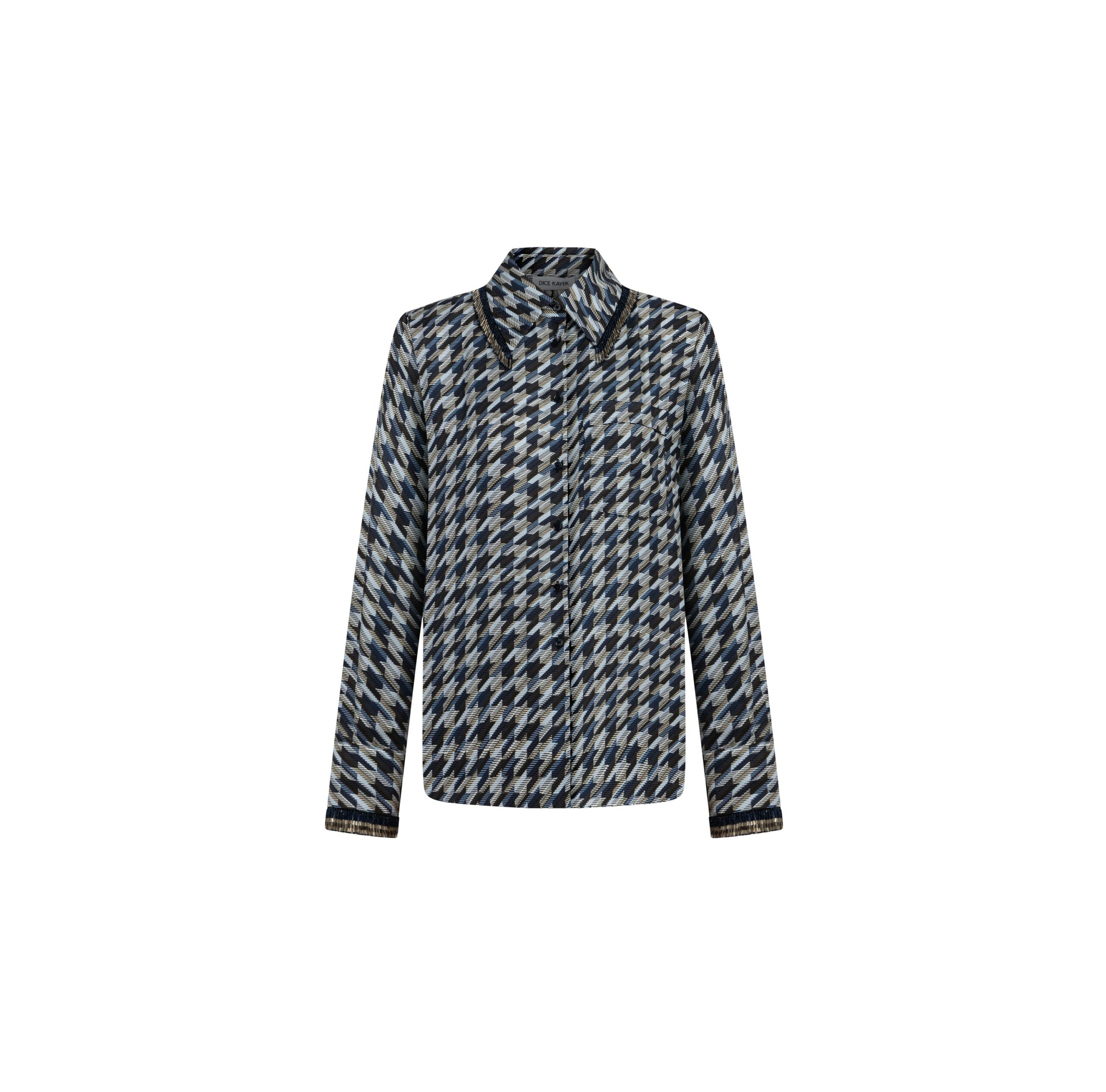 Dice Kayek Navy Houndstooth Silk Shirt with Tassel Collar Dice Kayek Navy Houndstooth Silk Shirt with Tassel Collar | Shirts | Coveti