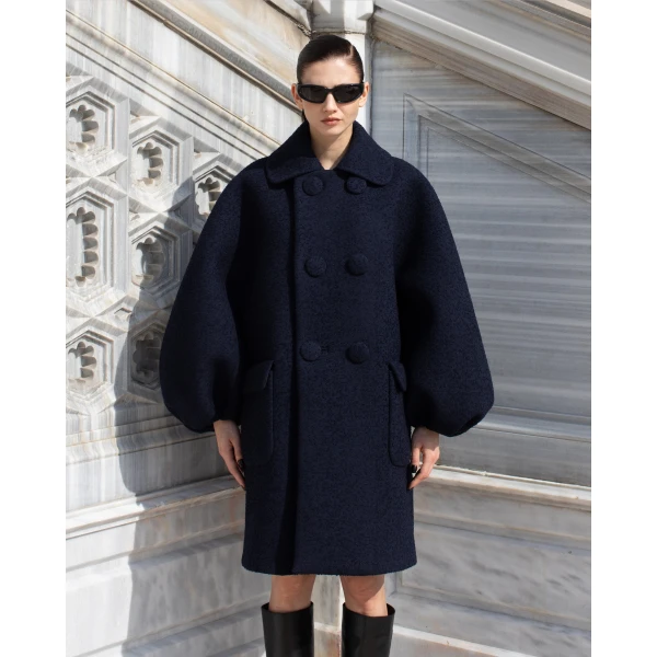 Dice Kayek Oversized Wool Blend Coat in Navy | Wool Coat | Coveti