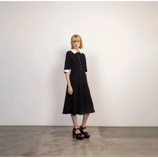 Dice Kayek Pearl Button Black Midi Dress with Embroidered Collar | Midi Dresses | Coveti