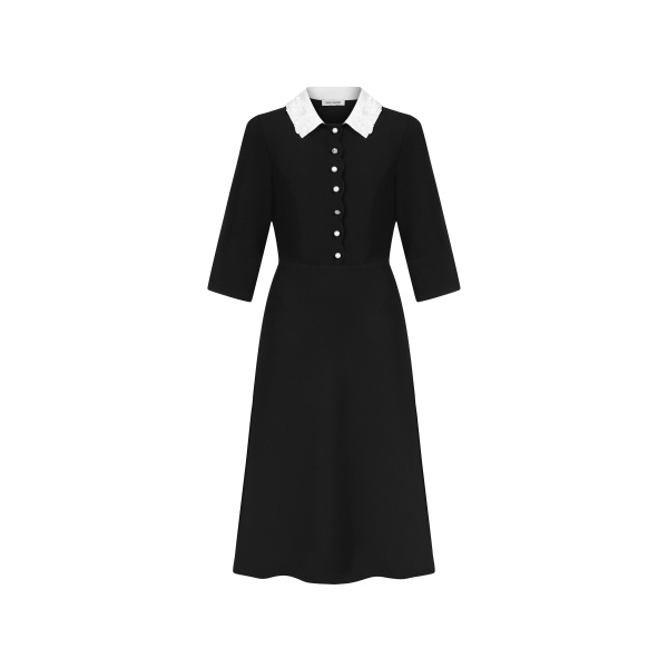 Dice Kayek Pearl Button Black Midi Dress with Embroidered Collar | Midi Dresses | Coveti