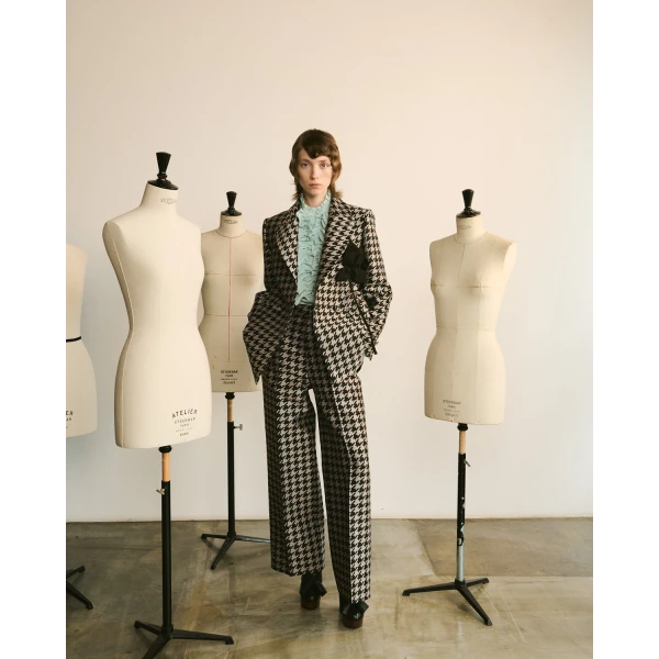 Dice Kayek Pied-de-Poule Wide-Leg Wool Pants in Green | Wide leg pants | Coveti