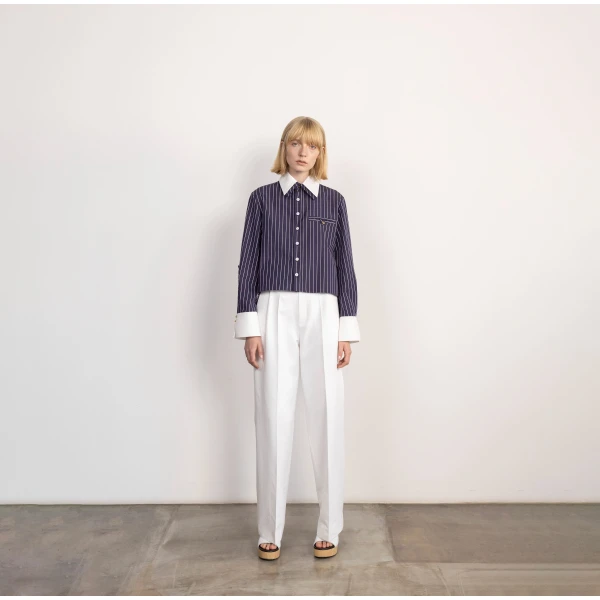 Dice Kayek Pinstriped Cotton Shirt with Detachable Collar in Navy | Shirts | Coveti