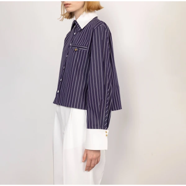 Dice Kayek Pinstriped Cotton Shirt with Detachable Collar in Navy | Shirts | Coveti