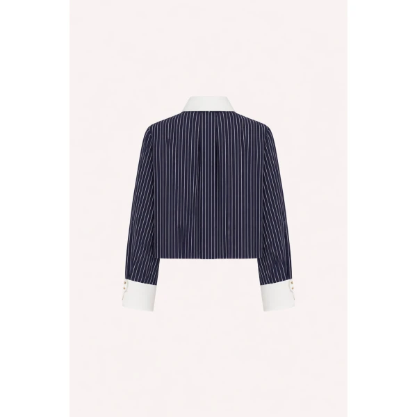 Dice Kayek Pinstriped Cotton Shirt with Detachable Collar in Navy | Shirts | Coveti