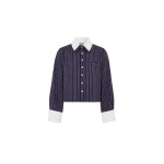 Dice Kayek Pinstriped Cotton Shirt with Detachable Collar in Navy | Shirts | Coveti