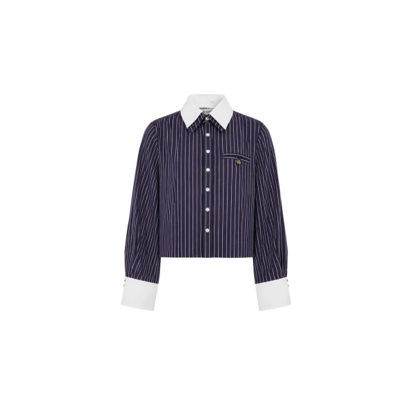 Dice Kayek Pinstriped Cotton Shirt with Detachable Collar in Navy | Shirts | Coveti