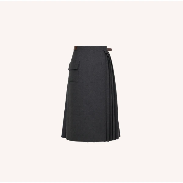 Dice Kayek Pleated Wool Midi Skirt Belt Detail in Anthracite | Pleated Skirts | Coveti