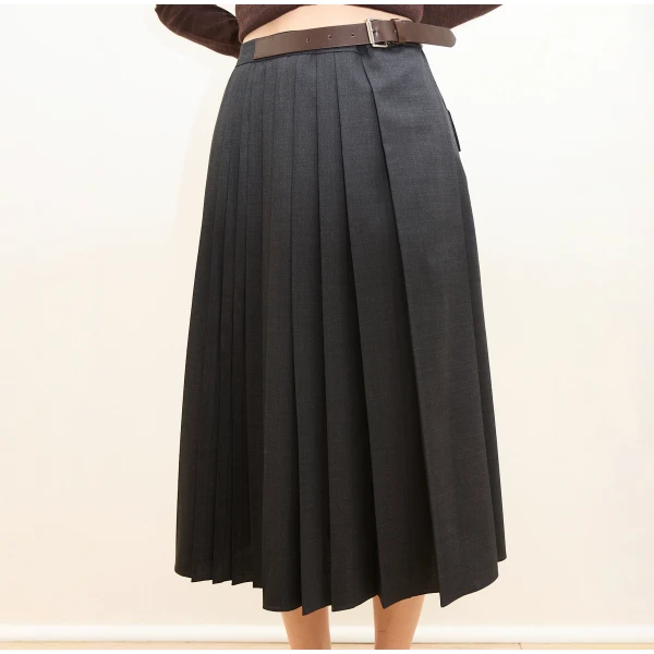 Dice Kayek Pleated Wool Midi Skirt Belt Detail in Anthracite | Pleated Skirts | Coveti