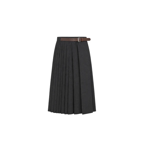 Pleated Wool Midi Skirt Belt Detail in Anthracite