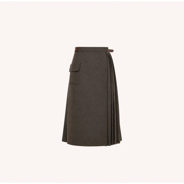Dice Kayek Pleated Wool Midi Skirt Belt Detail in Brown | Pleated Skirts | Coveti