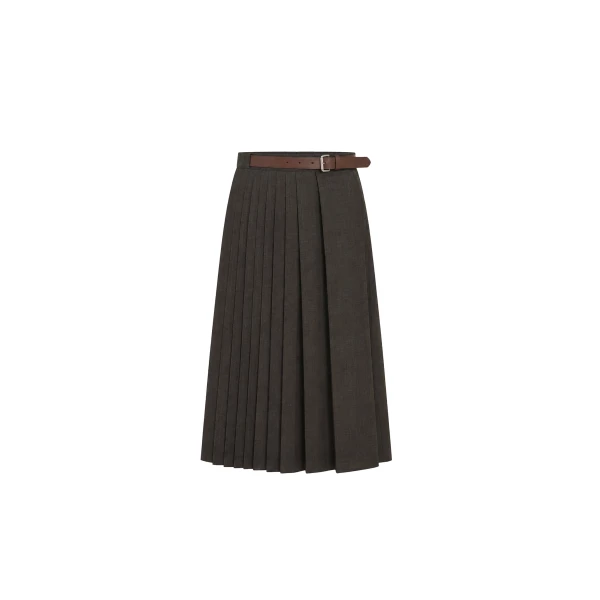 Pleated Wool Midi Skirt Belt Detail in Brown