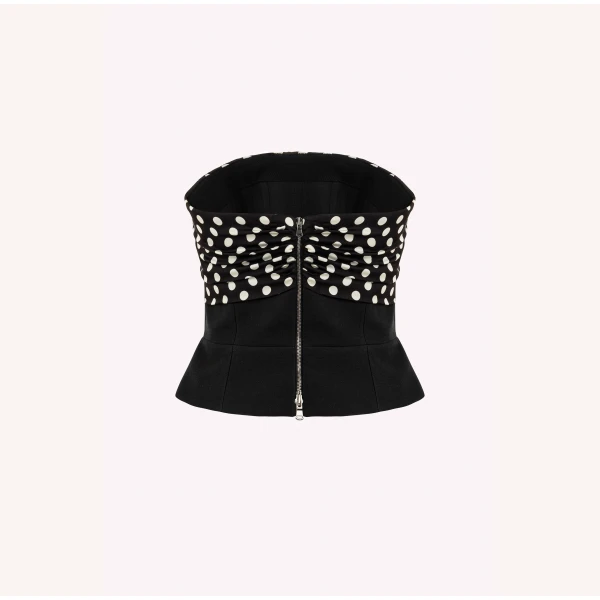Dice Kayek Polka Dot Bow Detail Strapless Bustier Top in Black | Sleeveless | Coveti