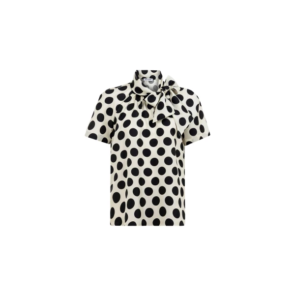 Polka Dot Silk Twill Bow Neck Blouse
