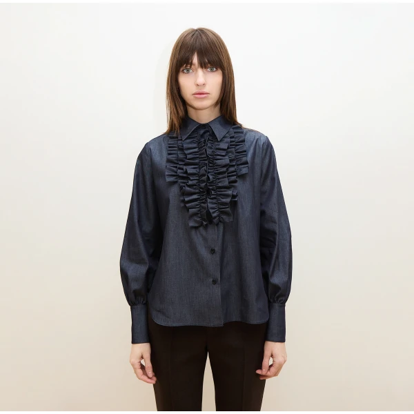 Dice Kayek Ruffle-Trim Chambray Shirt in Indigo | Shirts | Coveti