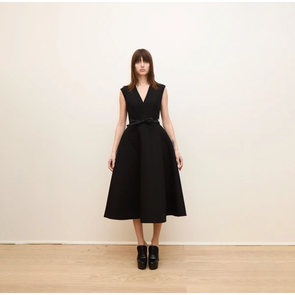 Dice Kayek Sculptural Sleeveless V-Neck Midi Dress in Black | Midi Dresses | Coveti