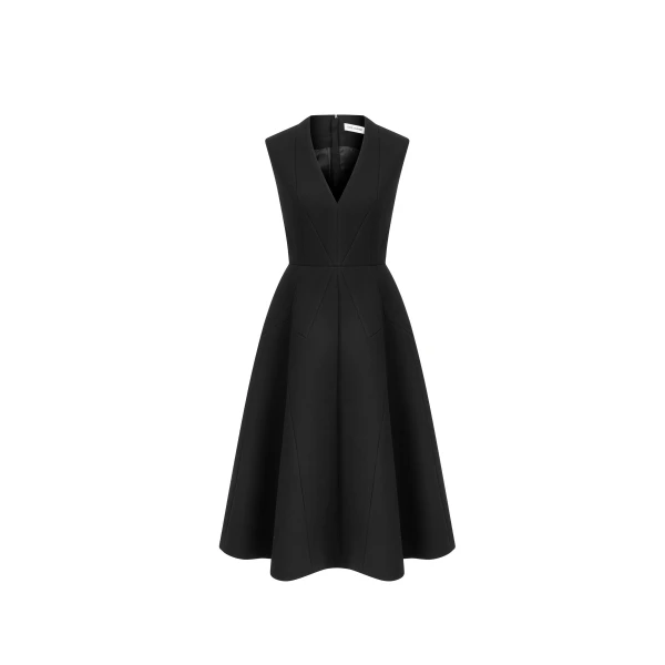 Dice Kayek Sculptural Sleeveless V-Neck Midi Dress in Black | Midi Dresses | Coveti