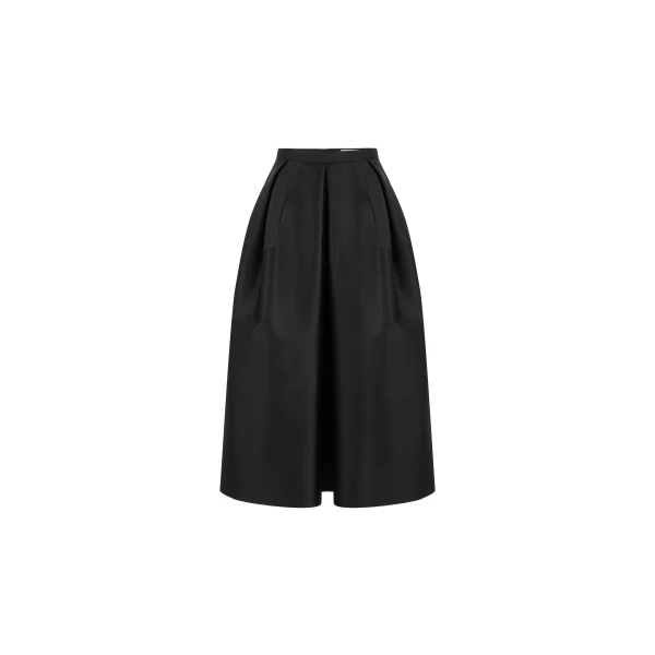 Signature Sculptural Satin Midi Skirt in Black