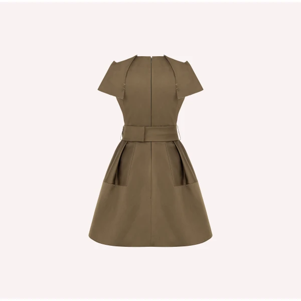 Dice Kayek Signature Sheen Mini Dress with a Belt in Tobacco | Mini Dresses | Coveti
