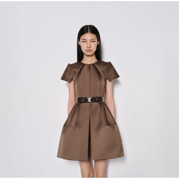 Dice Kayek Signature Sheen Mini Dress with a Belt in Tobacco | Mini Dresses | Coveti