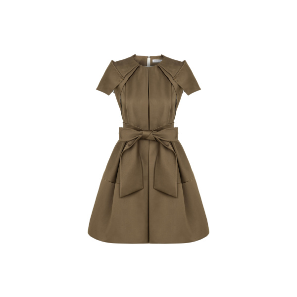 Dice Kayek Signature Sheen Mini Dress with a Belt in Tobacco | Mini Dresses | Coveti