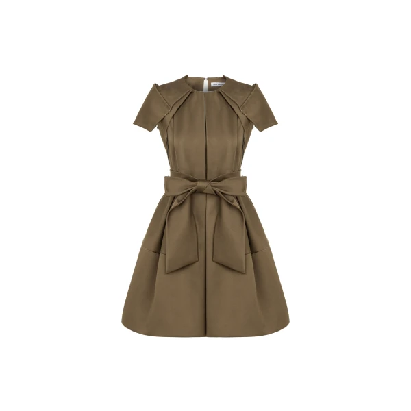 Dice Kayek Signature Sheen Mini Dress with a Belt in Tobacco | Mini Dresses | Coveti