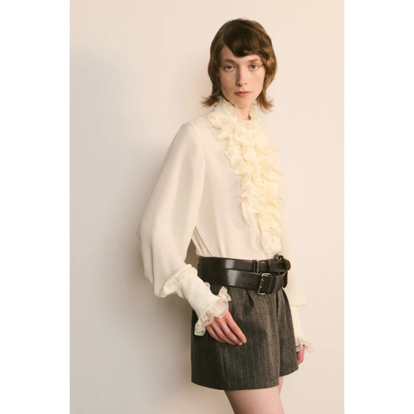 Dice Kayek Silk Ruffle Front Shirt in Off White | Shirts | Coveti
