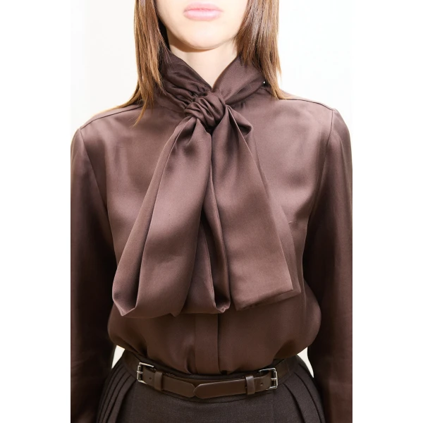 Dice Kayek Silk Tie Front Blouse in Brown | Blouse | Coveti