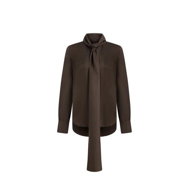 Silk Tie Front Blouse in Brown