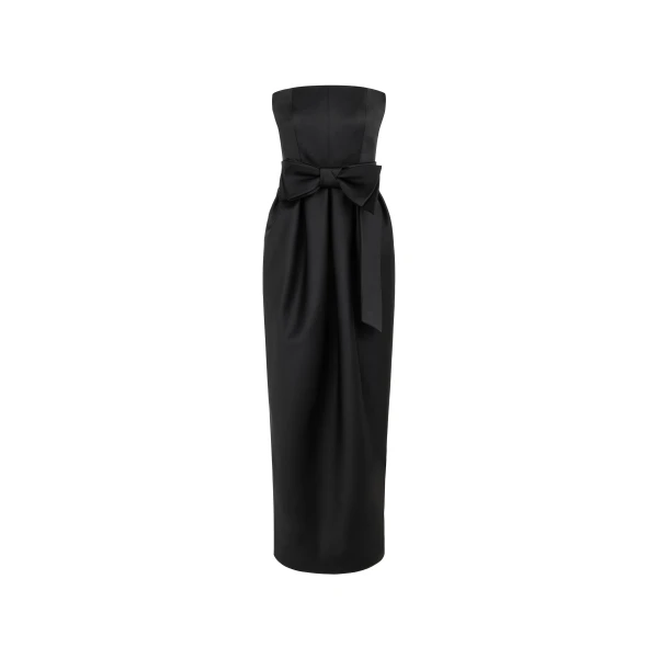 Strapless Bow-Detail Satin Gown in Black