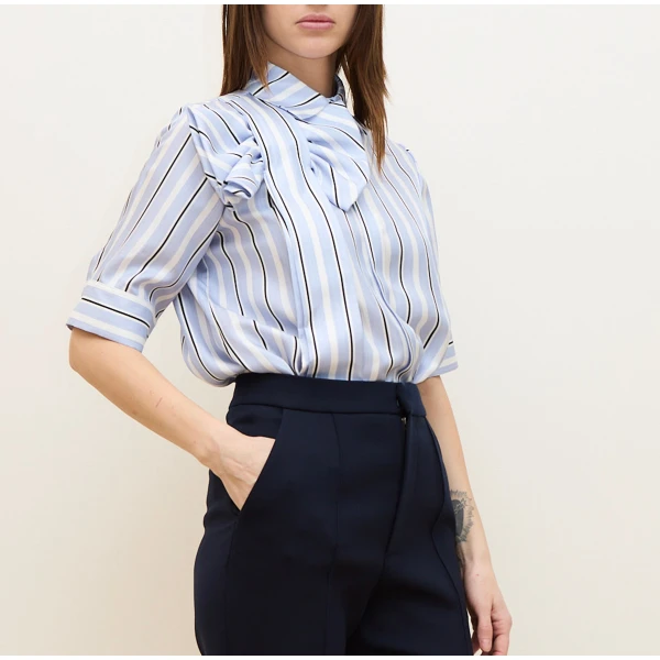 Dice Kayek Striped Bow Detail Short Sleeve Shirt in Blue Stripe | Shirts | Coveti
