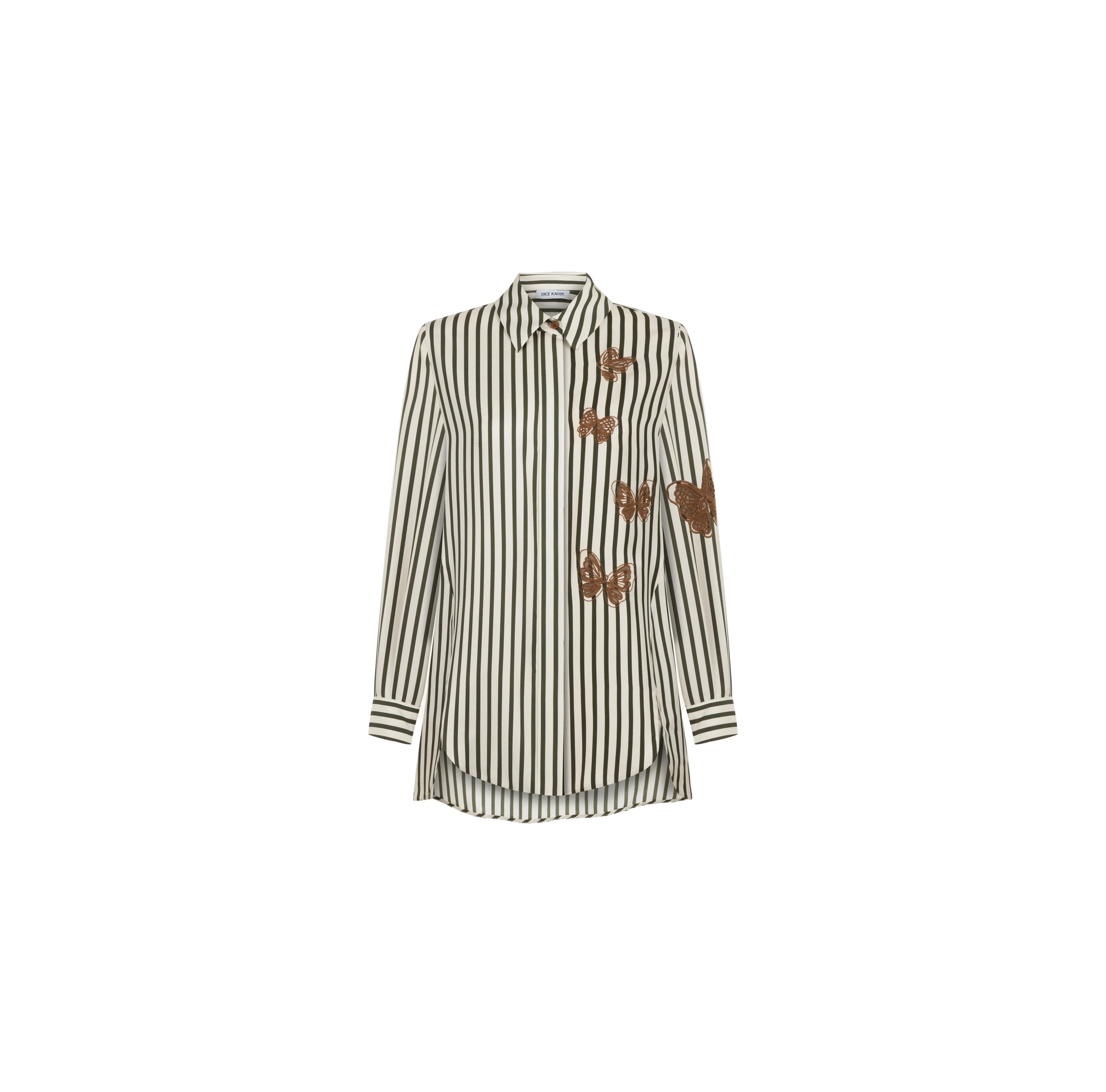 Dice Kayek Striped Butterfly Silk Shirt in Khaki Stripe Dice Kayek Striped Butterfly Silk Shirt in Khaki Stripe | Shirts | Coveti