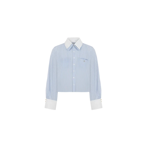 Striped Button-Up Shirt with Contrast White Collar in Blue Stripe