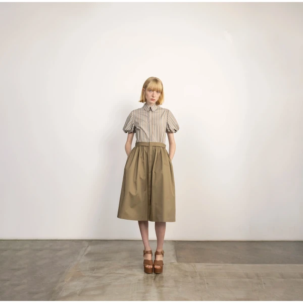 Dice Kayek Striped Cotton Shirt Dress with Sculptural Sleeves in Tobacco | Shirtdress | Coveti