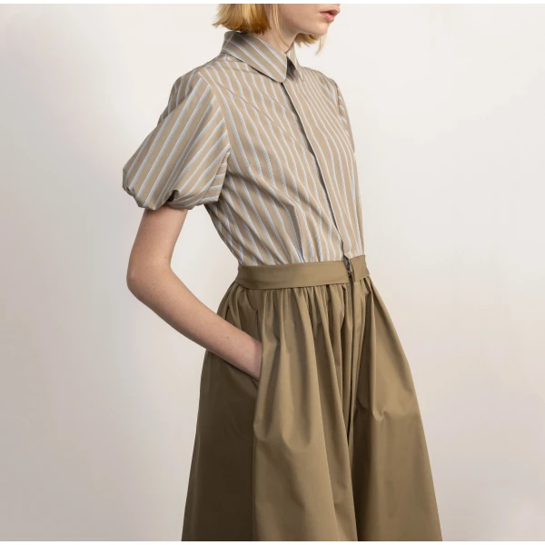 Dice Kayek Striped Cotton Shirt Dress with Sculptural Sleeves in Tobacco | Shirtdress | Coveti