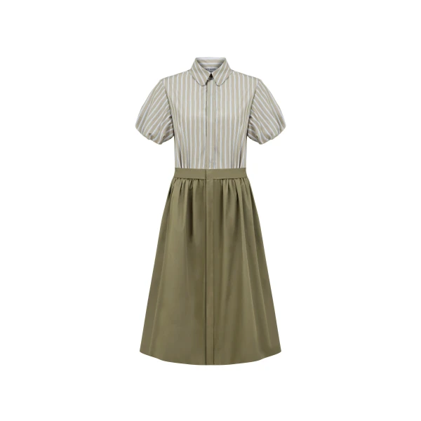 Striped Cotton Shirt Dress with Sculptural Sleeves in Tobacco