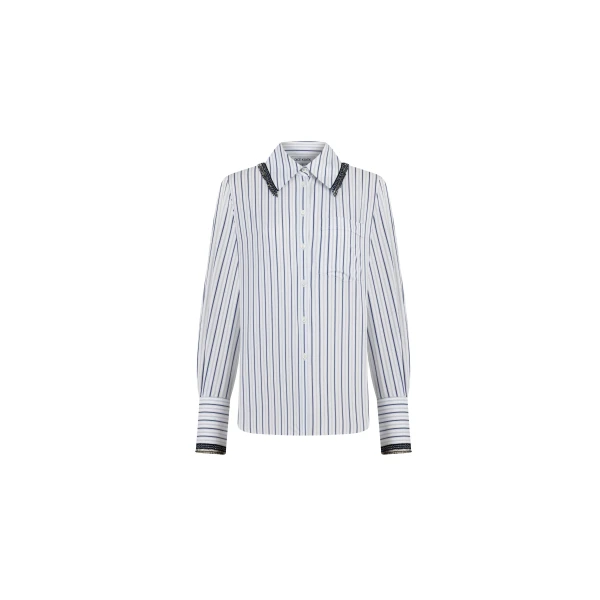 Dice Kayek Striped Cotton Shirt with Tassel Collar in Blue Stripe | Shirts | Coveti