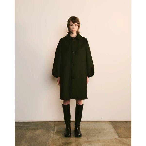 Dice Kayek Structured Wool Cocoon Coat in Deep Green | Wool Coat | Coveti